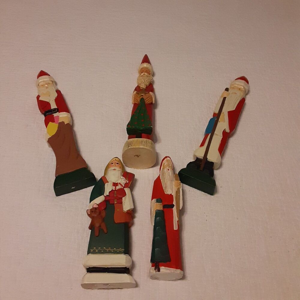Vintage & Modern Wooden Carved Santa Collection x 5